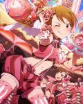 2girls bowtie brown_eyes brown_hair futami_ami futami_mami gloves idolmaster idolmaster_million_live! licking_lips looking_at_viewer multiple_girls navel official_art one_side_up short_hair siblings solo_focus thigh-highs tongue tongue_out twins valentine white_gloves 