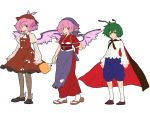  animal_ears antenna antennae bandana cape dual_persona earrings fan flat_color geta green_eyes green_hair hat japanese_clothes jewelry kimono kneehighs matsutani mystia_lorelei obi okamisty pantyhose paper_fan pink_hair short_hair simple_background socks tabi thigh-highs time_paradox touhou uchiwa wings wriggle_nightbug 