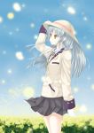  blazer flower hat highres houkagi_yuu long_hair school_uniform silver_hair skirt sky solo sun_hat tachibana_kanade yellow_eyes 