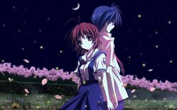   blue_hair brown_hair cherry_blossoms clannad flower furukawa_nagisa moon night okazaki_tomoya sky stars  