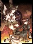  2girls :3 animal_ears arm_cannon bow braid brown_hair cape cat_ears dress frills hair_bow kaenbyou_rin long_hair multiple_girls namu_(artist) namuko red_eyes red_hair reiuji_utsuho ribbon skirt third_eye touhou twin_braids weapon wheelbarrow wings 