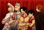  beard facial_hair freckles grin highres honey_bunny jewelry lineup male manly marco monkey_d_luffy multiple_boys muscle necklace one_piece open_clothes open_shirt portgas_d_ace red_background scar shanks shirt shirtless smile tattoo thatch 