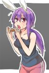  alternate_hairstyle animal_ears ayasugi_tsubaki bare_shoulders bunny_ears casual contemporary eating food hands long_hair pizza ponytail purple_eyes purple_hair rabbit_ears reisen_udongein_inaba solo sweat tank_top touhou track_pants track_suit violet_eyes 