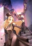  bad_id blonde_hair brown_hair cat cat_ears dress hat highres original stairs sts top_hat trench_coat trenchcoat yellow_eyes 