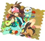  1boy 1girl brown_eyes brown_hair green_eyes hat oshawott ototoi pokemon pokemon_(creature) pokemon_(game) pokemon_black_and_white pokemon_bw snivy tepig touko_(pokemon) touya_(pokemon) 