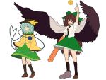  asymmetrical_clothing black_hair blue_eyes blue_hair bow cape hair_bow hat heart heart_of_string kneehighs komeiji_koishi long_hair matsutani pointing red_eyes reiuji_utsuho skirt socks touhou weapon wings 