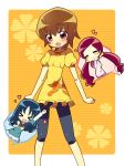  &gt;_&lt; :3 :o blue_hair blush brown_eyes brown_hair chibi_inset closed_eyes hanasaki_tsubomi heart heartcatch_precure! highres kimoko kurumi_erika long_hair multiple_girls myoudouin_itsuki orange_background precure red_hair speech_bubble 