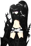  :o armor belt beltskirt black_hair black_rock_shooter chikage36 gauntlets greaves highres huge_weapon insane_black_rock_shooter long_hair midriff navel open_mouth purple_eyes scar short_shorts shorts simple_background skull solo standing stitches sword twintails uneven_twintails violet_eyes weapon 