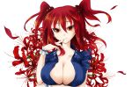  breasts cleavage finger_to_mouth flower fuyuno_taka hair_bobbles hair_ornament hair_tussle large_breasts onozuka_komachi petals red_eyes red_hair short_hair smile solo touhou twintails wrist_cuffs 