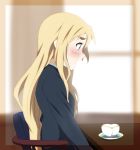  blue_eyes blush cup face ikari_manatsu k-on! kotobuki_tsumugi long_hair open_mouth profile school_uniform solo table teacup 