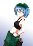  alternate_costume bad_id bespectacled blue_eyes blue_hair chulain contemporary glasses gloves hair_bobbles hair_ornament hat kawashiro_nitori overalls short_hair solo sports_bra touhou twintails 