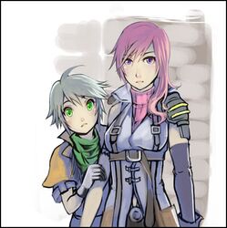  bracelet couple elbow_gloves female final_fantasy final_fantasy_xiii gloves green_eyes grey_hair hope_estheim jacket lightning_(ff13) long_hair male miso_katsu pink_hair short_hair sleeveless_turtleneck turtleneck violet_eyes 