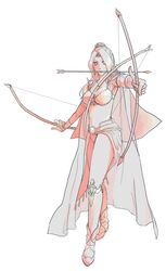  arrow bow_(weapon) bridal_gauntlets cape female final_fantasy final_fantasy_iv grun hair_ornament leotard long_hair monochrome rosa_farrell shoulder_pads solo tiara 