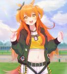  1girl absurdres animal_ears belt blue_sky breasts clouds hair_ribbon highres horse_ears horse_girl horse_tail jacket long_hair looking_at_viewer mayano_top_gun_(umamusume) open_clothes open_mouth orange_eyes orange_hair outdoors ribbon shorts sky smile solo stomach tail twintails umamusume vest zapik 