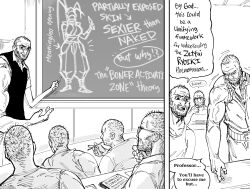  5boys absurdres asymmetrical_arms bb_(baalbuddy) beard_stubble chalkboard classroom clothing_cutout commentary coomer_(meme) english_commentary facial_hair glasses hand_on_own_chin highres hip_vent ibuki_(street_fighter) meme multiple_boys muscular muscular_male original street_fighter street_fighter_iii_(series) stroking_own_chin stubble truth veins veiny_arms 