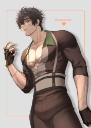 1boy artist_name bags_under_eyes belt black_gloves black_hair blush border bracelet brown_shirt collar collarbone commentary cross_scar fingerless_gloves gem gloves green_collar grey_background grey_eyes hair_over_one_eye hand_up heart highres jewelry large_pectorals looking_at_viewer male_focus muscular muscular_male nu_carnival nyapipism open_clothes open_shirt orange_border pectoral_cleavage pectorals pixel_heart quincy_(nu_carnival) ring scar scar_on_arm scar_on_face scar_on_neck shirt short_hair simple_background sleeves_rolled_up suspenders untranslatable_commentary upper_body yellow_gem 