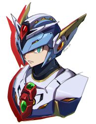  1boy android armor blue_eyes blue_helmet commentary_request forehead_jewel helmet highres male_focus mega_man_(series) mega_man_x_(series) simple_background solo upper_body vani_(hisha_04) white_armor white_background x_(mega_man) 