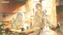 1other 2girls absurdres bread butter_knife chair copyright_name cup curtains drawer dress flower food frilled_dress frills highres holding holding_plate indoors knife liv_(pgr) long_hair mug multiple_girls official_art official_wallpaper plant plate potted_plant punishing:_gray_raven rose sandwich sleeveless sleeveless_dress standing table tile_wall tiles vase white_dress white_flower white_hair white_rose window 