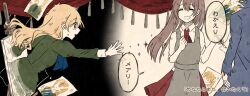  1boy 2girls apron ascot blonde_hair blue_ascot brown_hair canvas_(object) commentary_request drawing_(object) dress easel garry_(ib) good_end green_dress happy_tears highres ib_(ib) ib_(kouri) kuiruri long_hair mary_(ib) multiple_girls out_of_frame outstretched_arm reaching reaching_towards_another red_skirt skirt smile speech_bubble tears through_medium through_painting translated 
