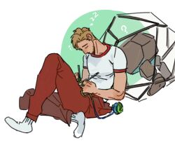  1boy alien beard beard_stubble blonde_hair casual commentary facial_hair male_focus mcbuckwheat messy_hair project_hail_mary rocky_(project_hail_mary) ryland_grace shirt stubble untranslatable_commentary white_shirt 