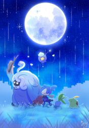 1girl black_hair blue_hair blush_stickers broken_eyewear closed_eyes commentary_request crack disc ditto drifloon female_protagonist_(pokemon_pokopia) full_moon glasses gulpin highres holding holding_stick moon natu_a0z0ra night ninja oddish open_mouth outdoors plant pokemon pokemon_(creature) pokemon_focus pokemon_pokopia professor_tangrowth round_eyewear sky smile solid_circle_eyes star_(sky) stick tangrowth tm_(pokemon) transformed_ditto vines 