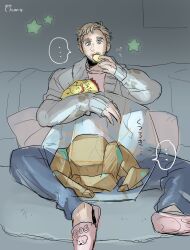  1boy alien beard beard_stubble blonde_hair casual commentary_request facial_hair highres male_focus messy_hair morris_(saksak_koromo) project_hail_mary rocky_(project_hail_mary) ryland_grace shirt sketch stubble 