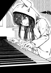 1girl angry asakura_karen_(heaven_burns_red) blunt_bangs bow bowtie clenched_teeth commentary_request cowboy_shot demon_horns demon_tail fake_horns greyscale hands_up heaven_burns_red highres hood hood_up hoodie horned_hood horns indoors instrument leaning_forward long_hair looking_at_object looking_down low_twintails metako_(slime_shop) monochrome music open_clothes open_hoodie outline perspective piano playing_instrument playing_piano sitting sleeves_past_wrists solo straight_hair sweatdrop tail tail_raised teeth twintails v-shaped_eyebrows white_outline 