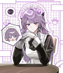  1girl a_little_scale absurdres animal_ears apron blush breasts cat_ears chair commentary_request gloves herta_(honkai:_star_rail) highres honkai:_star_rail honkai_(series) korean_commentary long_hair maid maid_apron maid_headdress medium_breasts open_mouth purple_hair sitting smile table the_herta_(honkai:_star_rail) violet_eyes white_gloves 