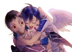  2boys ahoge bangoul bike_jersey black_hair blue_hair closed_eyes commentary_request cycling_uniform gag hair_between_eyes hug hug_from_behind improvised_gag korean_commentary male_focus manami_sangaku midousuji_akira multiple_boys open_mouth short_hair simple_background tape tape_gag white_background white_wings wide-eyed wings yowamushi_pedal 