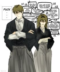  1boy 1girl annoyed black_kimono brown_hair commentary cowboy_shot crossed_arms dual_persona english_commentary english_text genderswap genderswap_(mtf) hair_intakes hairband hakama hakama_pants highres japan japanese_clothes jujutsu_kaisen kimono long_hair nayelvesz open_mouth pants shirt_under_kimono simple_background speech_bubble standing zen'in_naoya 
