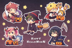  1girl 4boys animal_ears asuka_torajirou blonde_hair blue_skin broom broom_riding candy chibi chibi_only colored_skin commentary_request cosplay digimon digimon_universe:_appli_monsters dokamon dress extra_ears fake_claws food fur-trimmed_gloves fur_trim gatchmon gloves green_eyes hackmon_(appmon) halloween halloween_bucket halloween_costume happy_halloween hat highres holding holding_scythe jack-o'-lantern karan_eri katsura_rei lollipop lulu_hane multicolored_skin multiple_boys musimon offmon ozora_yujin pink_hair pumpkin red_hair scythe shinkai_haru shirt sitting swirl_lollipop tail twintails two-tone_skin vampire_costume werewolf_costume white_shirt white_skin witch_hat wolf_ears wolf_tail yellow_skin 