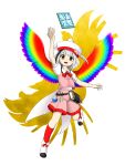  1girl :d ankh arm_up ascot bangs belt black_belt black_hair blush_stickers book coattails collared_shirt feathered_wings flask frilled_shirt_collar frills full_body hat hat_feather highres hollow_song_of_birds leg_up looking_at_viewer monster_reborn multicolored_hair multicolored_wings open_mouth parasite_oyatsu pink_shorts pink_vest potion puffy_short_sleeves puffy_sleeves rainbow_gradient rainbow_wings red_ascot red_legwear red_trim shirt shoes short_hair short_sleeves shorts simple_background smile socks solo spread_wings standing standing_on_one_leg streaked_hair tablet_pc torisumi_horou touhou vest vial white_background white_footwear white_hair white_headwear white_shirt wings yellow_eyes zun_(style) 
