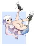  1girl absurdres highres legs_up lying on_back original short_hair short_shorts shorts simple_background solo untied_footwear white_hair yasu_(pixiv) yellow_eyes 