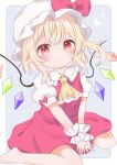 :t ascot barefoot blonde_hair bow closed_mouth crystal flandre_day flandre_scarlet full_body grey_background hat hat_bow highres looking_at_viewer mob_cap one_side_up pafe_haumen pointy_ears pout red_bow red_eyes seiza short_hair simple_background sitting touhou v_arms white_headwear wings wrist_cuffs yellow_ascot 