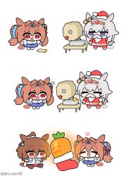  3girls :d absurdres agnes_tachyon_(umamusume) ahoge animal_ears banknote bell bell_ringing blue_eyes bow brown_hair carrot chibi chibi_only christmas_stocking commentary daiwa_scarlet_(umamusume) ear_bow ear_ornament ear_ribbon earrings fake_beard fake_facial_hair fake_mustache grey_hair hair_between_eyes hat heart highres holding horse_ears horse_girl horse_tail huge_ahoge jewelry long_hair lottery money multiple_girls oguri_cap_(umamusume) red_eyes santa_costume santa_hat sima_(startwitch) single_earring smile tail tiara tracen_training_uniform twitter_username umamusume untranslatable_commentary white_background 