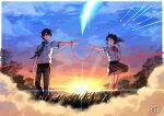  1boy 1girl ahoge black_hair black_legwear black_skirt border bow closed_mouth clouds commentary_request contrapposto dust frilled_skirt frills full_body green_necktie highres kimi_no_na_wa. legs_apart legs_together looking_at_another miyamizu_mitsuha necktie open_mouth outdoors outstretched_arms red_bow red_ribbon ribbon school_uniform shirt shooting_star short_hair short_sleeves signature siriuflong skirt sky smile sparkle string string_of_fate striped_necktie sunset tachibana_taki tree white_border white_shirt 
