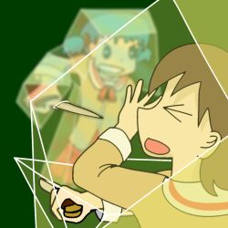  >_< 2girls aioi_yuuko aqua_eyes aqua_hair blurry blurry_background brown_hair closed_eyes commentary dune_(series) energy_barrier energy_shield english_commentary gaviastellata green_background holding holding_knife holding_weapon hologram knife multiple_girls naganohara_mio nichijou open_mouth parody school_uniform science_fiction short_twintails simple_background tokisadame_school_uniform twintails weapon 