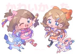  2girls :d ;d arm_up black_thighhighs blue_eyes blush bow bowtie brown_hair chibi chibi_only commentary_request dress fang frilled_wrist_cuffs frills full_body glaceon hair_ornament hairclip hand_up looking_at_viewer may_(contest)_(pokemon) may_(pokemon) multiple_girls one_eye_closed one_side_up open_mouth orange_bow orange_bowtie orange_dress pink_bow pink_shoes pokemon pokemon_(creature) pokemon_oras purple_bow purple_bowtie purple_dress red_shoes serena_(pokemon) serizawa_serizane shoes short_hair simple_background smile standing standing_on_one_leg striped_bow striped_bowtie striped_clothes sylveon teeth thigh-highs twitter_username upper_teeth_only white_background wrist_cuffs 