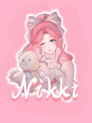  1girl argyle_background arm_warmers bare_shoulders blue_eyes border bow bow_choker bowtie character_name chinese_commentary choker commentary_request cropped_torso dress frilled_arm_warmers frilled_choker frills hair_bow happy high_ponytail highres holding holding_stuffed_toy infinity_nikki long_hair nikki_(nikki) nikki_(series) one_eye_closed outline pink_background pink_border pink_bow pink_bowtie pink_choker pink_hair ponytail sleeveless sleeveless_dress solo spaghetti_strap stuffed_animal stuffed_toy teddy_bear very_long_hair wavy_hair white_arm_warmers white_dress white_outline wrist_bow zhetibixuanc 