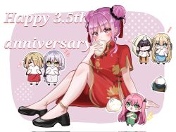  ! 6+girls :d :t ^_^ aikawa_megumi alternate_costume alternate_hairstyle animal_on_head anklet anniversary aqua_eyes arm_at_side asakura_karen_(heaven_burns_red) black_hair black_ribbon black_shoes blonde_hair blue_dress blunt_bangs blush_stickers border braid cat cat_on_head chibi chibi_inset chibi_only china_dress chinese_clothes closed_eyes closed_mouth commentary_request corrupted_twitter_file double_bun dress e69465 eating english_text eyelashes eyes_visible_through_hair facing_viewer floral_print floral_print_dress food food_in_mouth full_body glasses gold_anklet green_dress green_eyes grey_hair hair_between_eyes hair_bun hair_ornament hair_over_one_eye hair_ribbon hairclip half_up_braid hand_up heaven_burns_red highres holding holding_food izumi_yuki jewelry kayamori_ruka knees_up kunimi_tama long_hair looking_at_food looking_at_viewer multiple_girls musical_note narby_(heaven_burns_red) notice_lines on_head one_eye_covered open_mouth orange_dress outline outside_border parallel_hairclips pink_hair print_dress purple_background red_dress red_eyes ribbon round_eyewear shoes short_hair sidelocks simple_background sitting slime_(creature) smile standing steamed_bun tassel tassel_hair_ornament team_31a_(heaven_burns_red) telekinesis toujou_tsukasa two_side_up very_long_hair white_border white_dress white_outline white_ribbon 