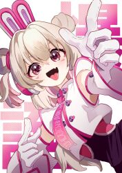  1girl :d amechiku animal_ears commentary_request double_bun dress dutch_angle fake_animal_ears fang finger_gun gloves hair_bun headphones highres looking_at_viewer medium_hair natori_sana official_alternate_costume official_alternate_hairstyle open_mouth pointing pointing_at_viewer rabbit_ears red_eyes sana_channel shirt sleeveless sleeveless_shirt smile solo tongue tongue_out virtual_youtuber white_gloves white_shirt 