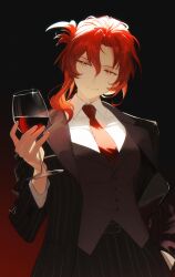  1girl alcohol black_coat black_pants breasts coat collared_shirt commentary cup drinking_glass english_commentary gradient_background grey_vest highres holding holding_cup honkai_(series) honkai_impact_3rd large_breasts murata_himeko necktie orange_eyes pants red_hair red_necktie shinchora shirt short_hair smile solo vest white_shirt wine wine_glass 