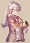  1boy adjusting_clothes adjusting_headwear bandam bespectacled breast_pocket brown_jacket closed_mouth collared_shirt commentary_request cowboy_shot cropped_legs dress_shirt expressionless glasses grey_background grey_hair highres jacket jiruo_(made_in_abyss) long_hair looking_at_viewer made_in_abyss male_focus open_clothes open_jacket outline pocket scroll shirt short_hair signature simple_background sleeves_rolled_up solo whistle whistle_around_neck white_outline white_shirt 