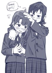  2girls arm_over_shoulder asymmetrical_hair bad_id bad_twitter_id blush buttons collared_shirt cowboy_shot english_text ezier greyscale highres iwakura_lain jacket long_sleeves mizuki_alice monochrome multiple_girls neck_ribbon open_mouth petting plaid_clothes plaid_skirt ribbon school serial_experiments_lain shirt short_hair simple_background single_sidelock skirt steepled_fingers suit_jacket 