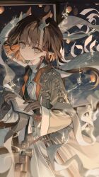  1girl alli_(777) arknights bead_bracelet beads book bracelet chinese_clothes chinese_text collared_shirt commentary dragon_horns dragon_tail eastern_dragon_horns eastern_dragon_tail highres holding holding_book horns jewelry jie_(arknights) lantern looking_at_viewer multicolored_hair multicolored_robe paper_lantern robe shirt tail two-tone_hair 
