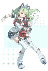  1girl animal_ear_hairband animal_ears backpack bag bell black_dress black_garter_straps black_shoes cat_ear_hairband cat_ears dress fake_animal_ears floating_hair full_body garter_straps ghost_hair_ornament green_eyes green_hair hair_ornament hairband hairclip highres holding holding_megaphone leg_warmers maid maid_headdress megaphone neck_bell official_alternate_costume parted_lips shoes short_sleeves solo sunna_(afternoon_tea_break)_(zenless_zone_zero) sunna_(zenless_zone_zero) suwa_(swk_kkk) thigh-highs white_leg_warmers white_thighhighs white_wings wings wrist_cuffs zenless_zone_zero 