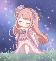  1girl asymmetrical_hair asymmetrical_sidelocks barefoot brooch chibi chinese_clothes closed_eyes closed_mouth commentary dot_nose english_commentary eyelashes fleeting_dream_(shining_nikki) flower flower_brooch flower_necklace grass hair_flower hair_ornament hair_rings hairpin hanfu happy highres jewelry layered_sleeves light_blush light_particles long_hair long_sidelocks long_sleeves multiple_hairpins night nikki_(nikki) nikki_(series) nonoberry22 outdoors petals pink_flower pink_hair pink_hanfu purple_flower shining_nikki short_over_long_sleeves short_sleeves sidelocks sky sleeves_past_wrists smile solo square_neckline standing star_(sky) starry_sky very_long_hair wide_sleeves wisteria 