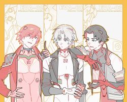  111hehui111 3boys angeal_hewley aqua_eyes arm_on_another's_shoulder ayanami_rei ayanami_rei_(cosplay) black_bodysuit black_hair bodysuit border can commentary_request cosplay crisis_core:_final_fantasy_vii drink_can eva_01 eva_02 eva_03 final_fantasy final_fantasy_vii final_fantasy_vii:_ever_crisis genesis_rhapsodos grey_hair hair_between_eyes hand_on_own_hip headgear highres holding holding_can interface_headset_(evangelion) makinami_mari_illustrious makinami_mari_illustrious_(cosplay) male_focus mecha mecha_pilot_suit multiple_boys neon_genesis_evangelion orange_border parted_bangs parted_lips pink_bodysuit plugsuit_(evangelion) pointing pointing_up red_hair robot sephiroth sephiroth_(ever_crisis) short_hair smile souryuu_asuka_langley souryuu_asuka_langley_(cosplay) upper_body white_bodysuit 