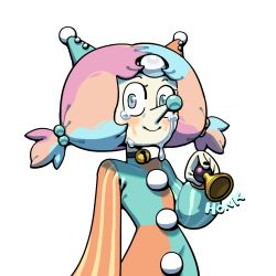  1girl alternate_costume alternate_hair_color alternate_hairstyle bell blue_eyes closed_mouth clown clown_nose crying crying_with_eyes_open discount-supervillain forehead_jewel gem gem_(steven_universe) holding jingle_bell low_twintails makeup pale_skin pearl_(steven_universe) pink_hair pointy_nose rouge_(makeup) runny_makeup short_hair short_twintails smile solo steven_universe tears twintails 