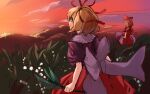  1girl amayadori-tei back_bow bangs black_shirt blonde_hair bow clouds commentary_request cowboy_shot doll field flower large_bow lily_of_the_valley medicine_melancholy mountainous_horizon open_mouth orange_sky puffy_short_sleeves puffy_sleeves red_ribbon red_skirt ribbon shirt short_hair short_sleeves skirt sky su-san sun sunset touhou violet_eyes white_bow 